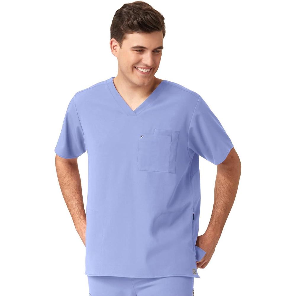 imageWonderWink Mens Knit Panel VNeck Scrub TopCeil Blue