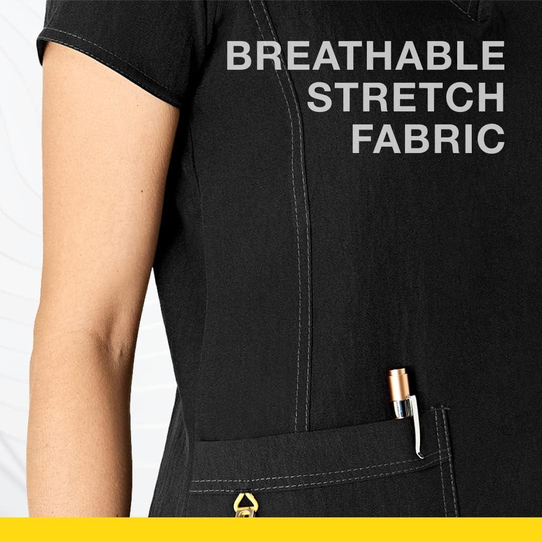 imageWonderWink Womens Four Stretch Sporty VNeck Scrub Top XS3XL 3 Pockets Eye Protection Meets ANSI Z871Pack of 1Black