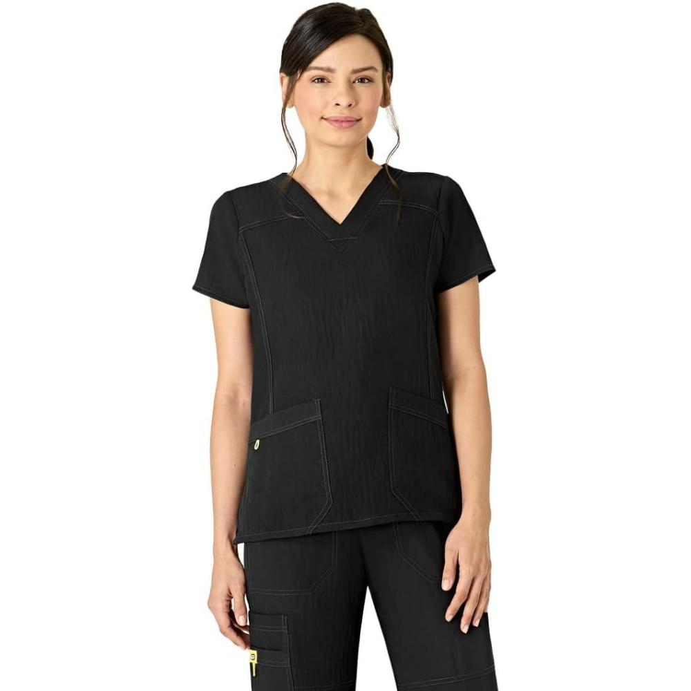 imageWonderWink Womens Four Stretch Sporty VNeck Scrub Top XS3XL 3 Pockets Eye Protection Meets ANSI Z871Pack of 1Black