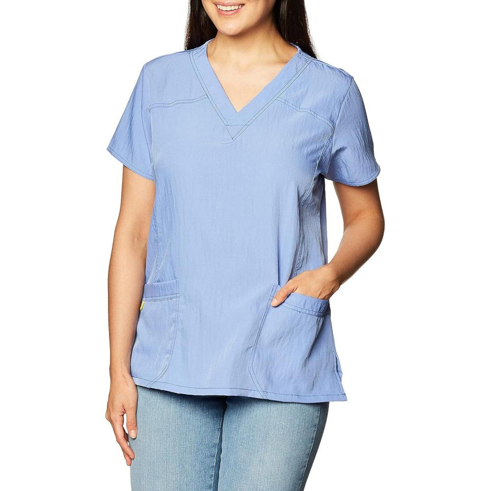 imageWonderWink Womens Four Stretch Sporty VNeck Scrub Top XS3XL 3 Pockets Eye Protection Meets ANSI Z871Pack of 1Ceil Blue