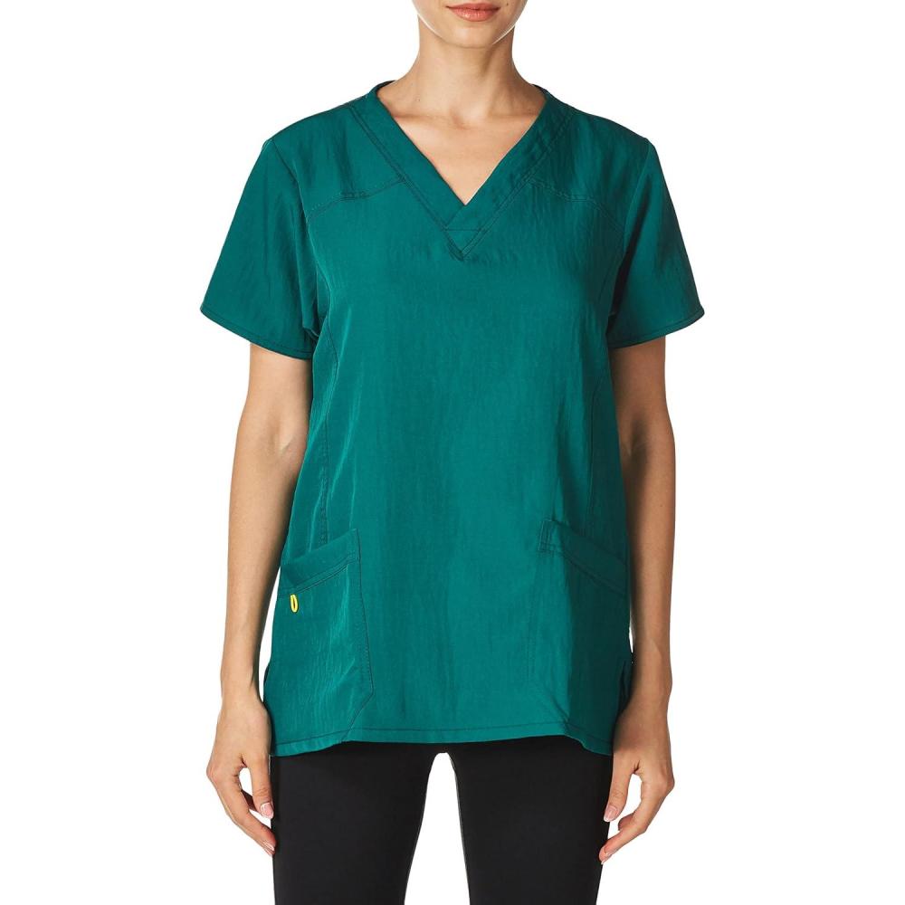 imageWonderWink Womens Four Stretch Sporty VNeck Scrub Top XS3XL 3 Pockets Eye Protection Meets ANSI Z871Pack of 1Hunter Green