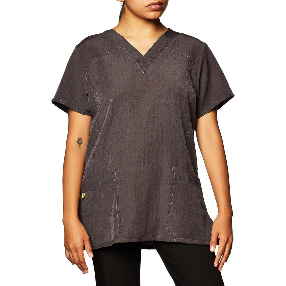 imageWonderWink Womens Four Stretch Sporty VNeck Scrub Top XS3XL 3 Pockets Eye Protection Meets ANSI Z871Pack of 1Pewter