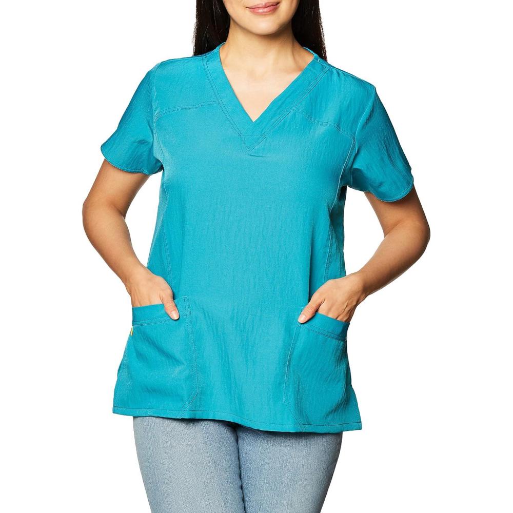 imageWonderWink Womens Four Stretch Sporty VNeck Scrub Top XS3XL 3 Pockets Eye Protection Meets ANSI Z871Pack of 1Real Teal