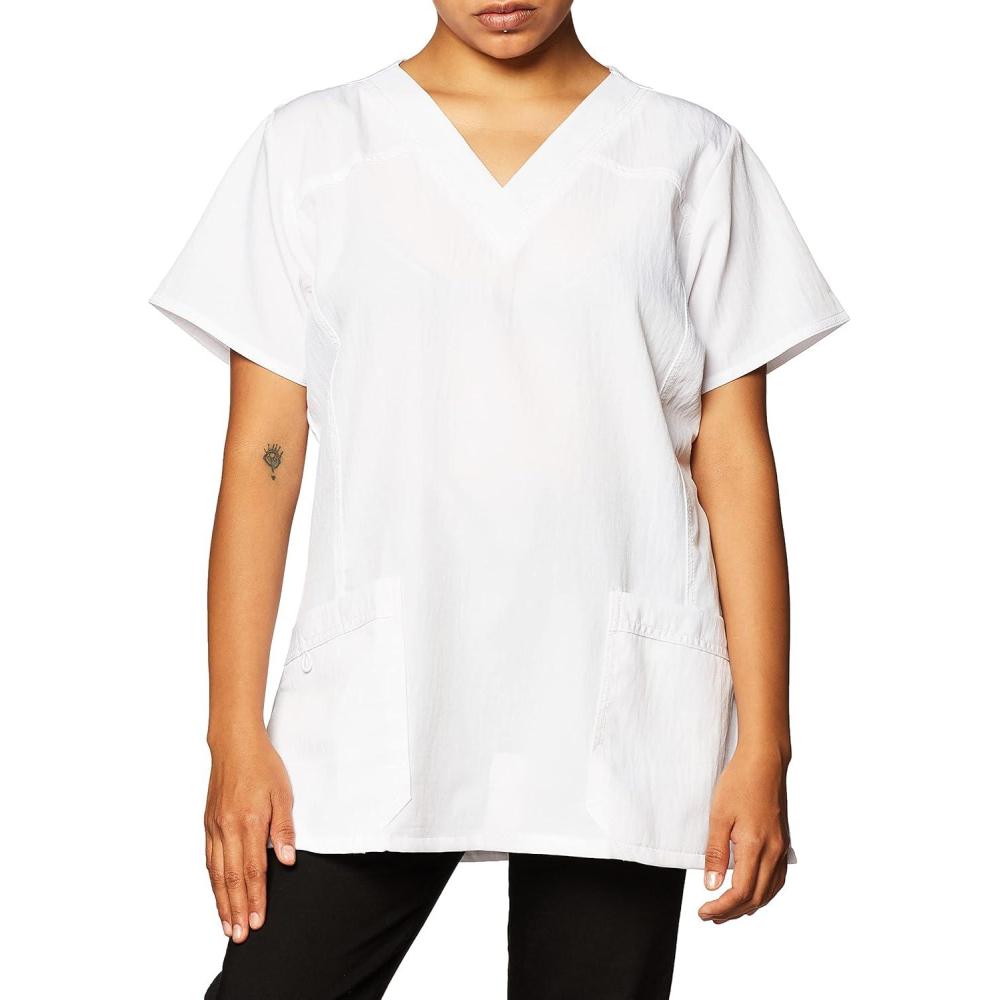imageWonderWink Womens Four Stretch Sporty VNeck Scrub Top XS3XL 3 Pockets Eye Protection Meets ANSI Z871Pack of 1White