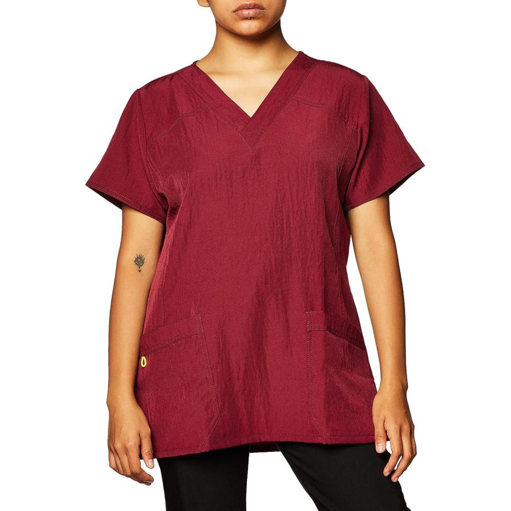 imageWonderWink Womens Four Stretch Sporty VNeck Scrub Top XS3XL 3 Pockets Eye Protection Meets ANSI Z871Pack of 1Wine