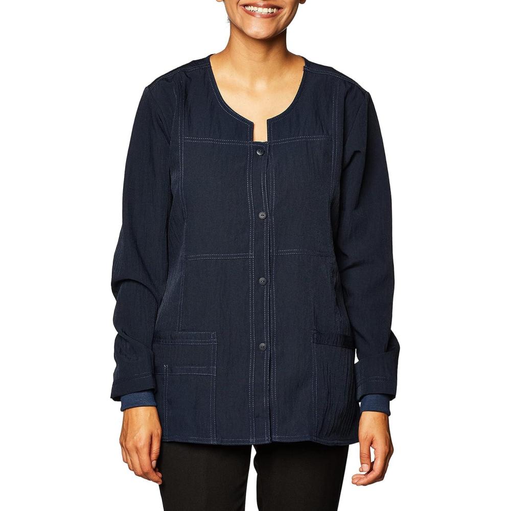 imageWonderWink Womens FourStretch Sporty Button Front Scrub JacketNavy