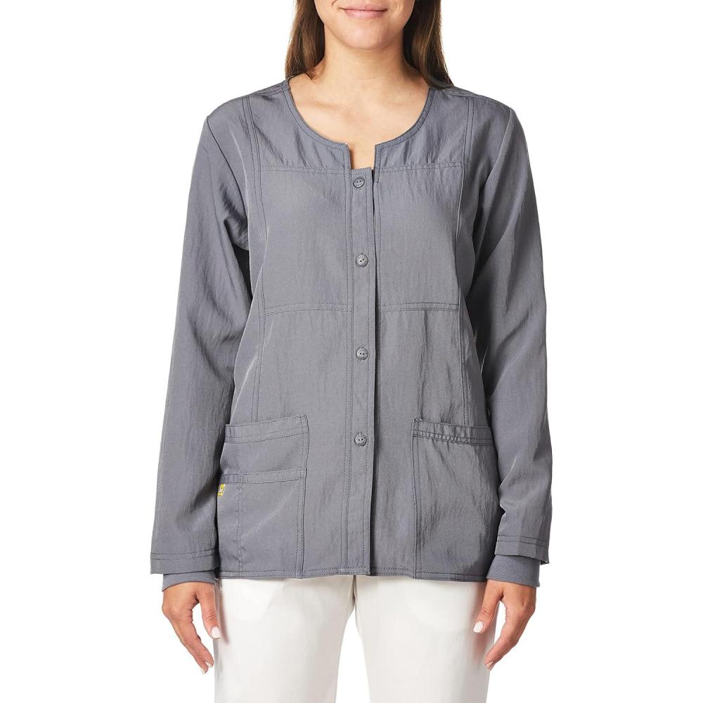 imageWonderWink Womens FourStretch Sporty Button Front Scrub JacketPewter