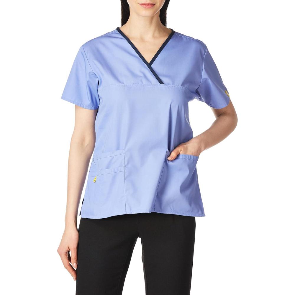 imageWonderWink Womens Scrubs Charlie 5 Pocket YNeck Wrap TopCeil Blue