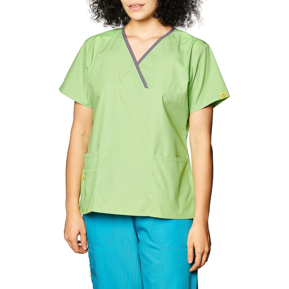imageWonderWink Womens Scrubs Charlie 5 Pocket YNeck Wrap TopGreen Apple