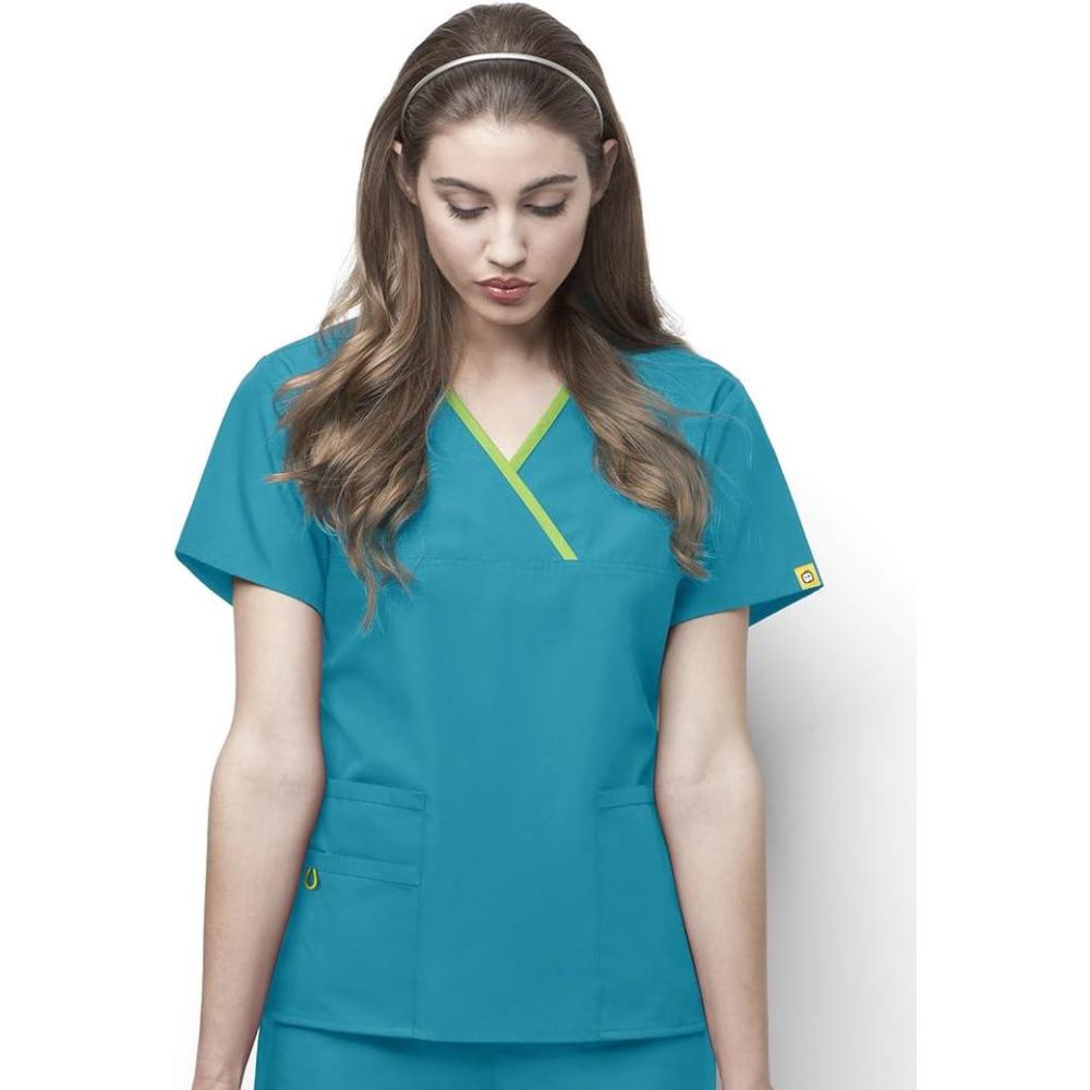 imageWonderWink Womens Scrubs Charlie 5 Pocket YNeck Wrap TopReal Teal