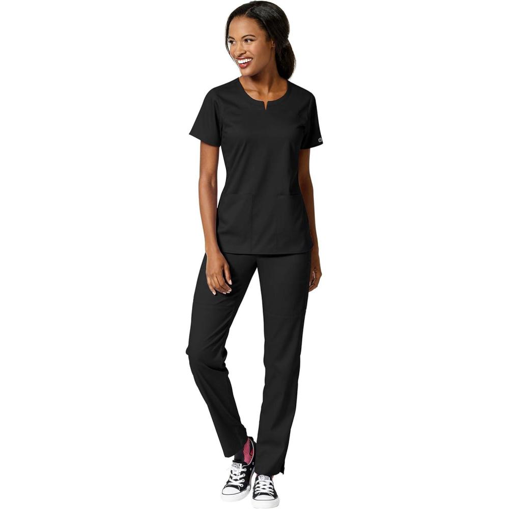 imageWonderWink PRO Womens 4 Pocket Notch Neck Top amp Knit Waist Cargo Pant Scrub Set Badge ReelBlack