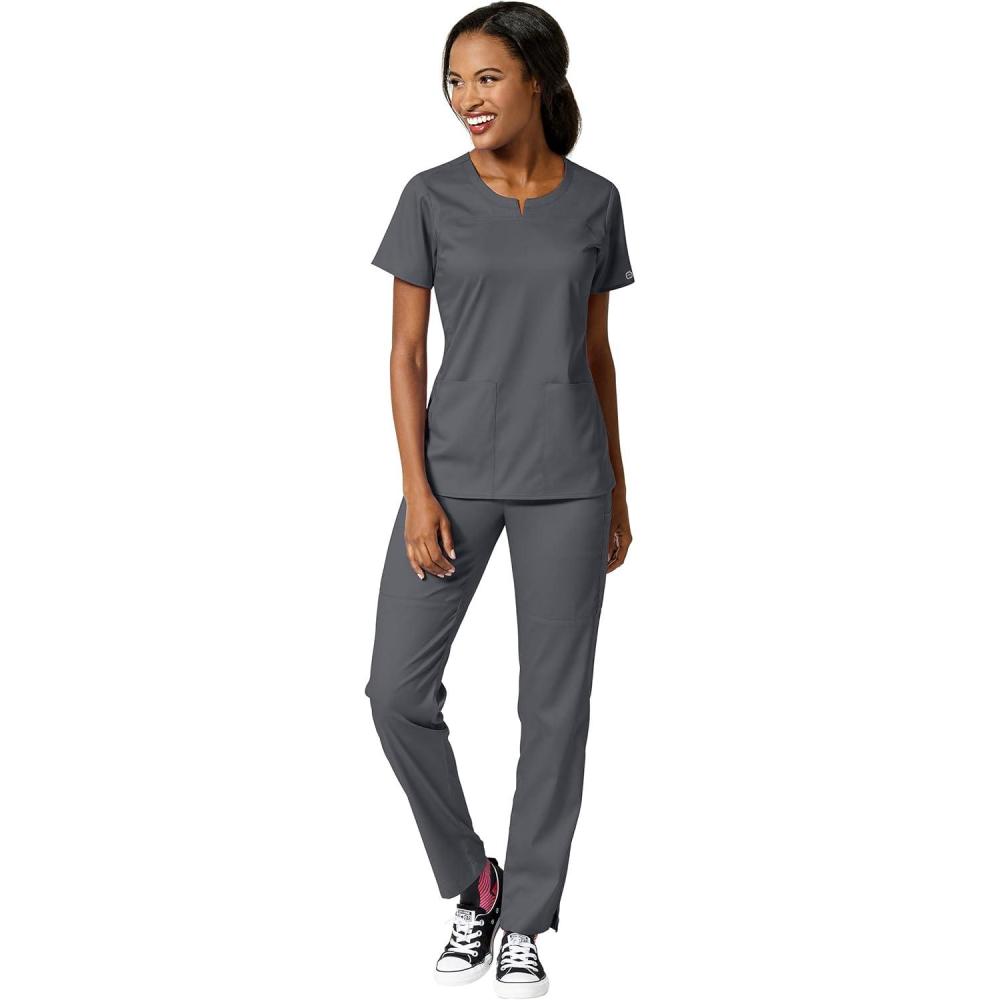 imageWonderWink PRO Womens 4 Pocket Notch Neck Top amp Knit Waist Cargo Pant Scrub Set Badge ReelPewter