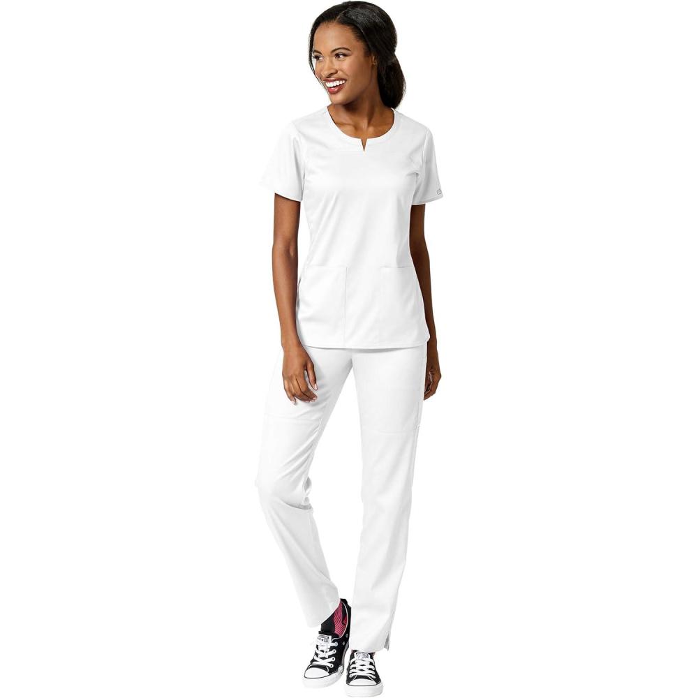 imageWonderWink PRO Womens 4 Pocket Notch Neck Top amp Knit Waist Cargo Pant Scrub Set Badge ReelWhite