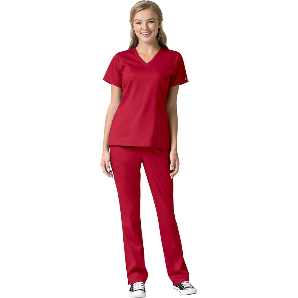 imageWonderWink Pro Womens 4 Pocket VNeck Top amp Moderate Flare Leg Cargo Pant Scrub Set  Badge ReelRed