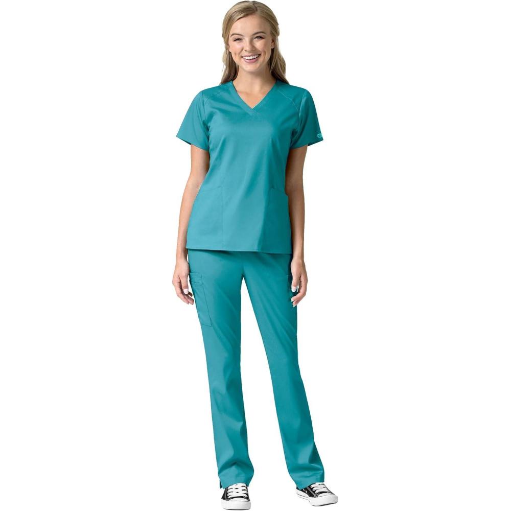 imageWonderWink Pro Womens 4 Pocket VNeck Top amp Moderate Flare Leg Cargo Pant Scrub Set  Badge ReelTeal
