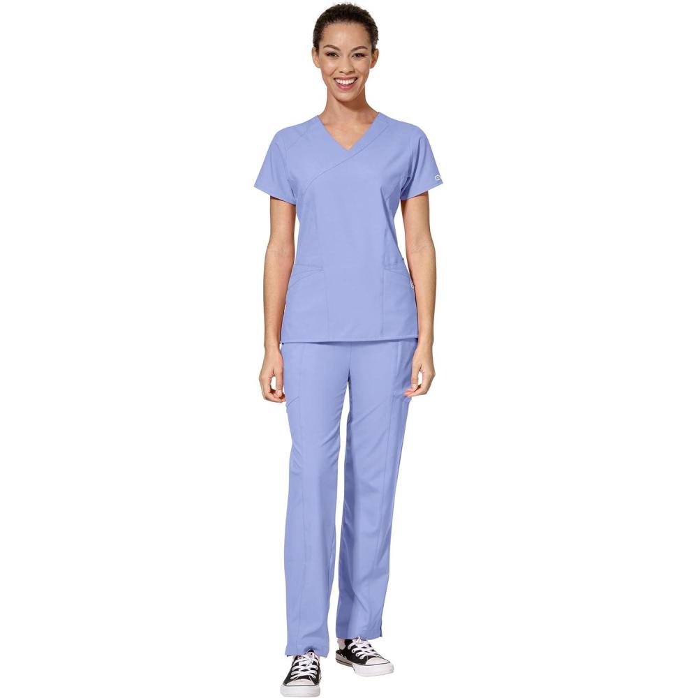 imageWonderWink W123 Womens Mock Wrap Top amp Flat Front Double Cargo Pant Scrub Set Badge ReelCeil Blue