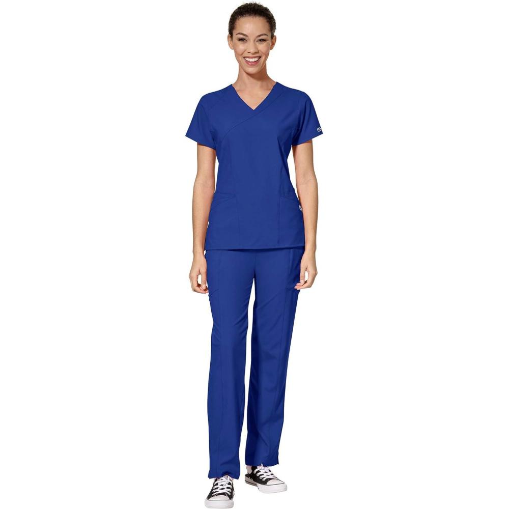 imageWonderWink W123 Womens Mock Wrap Top amp Flat Front Double Cargo Pant Scrub Set Badge ReelGalaxy Blue