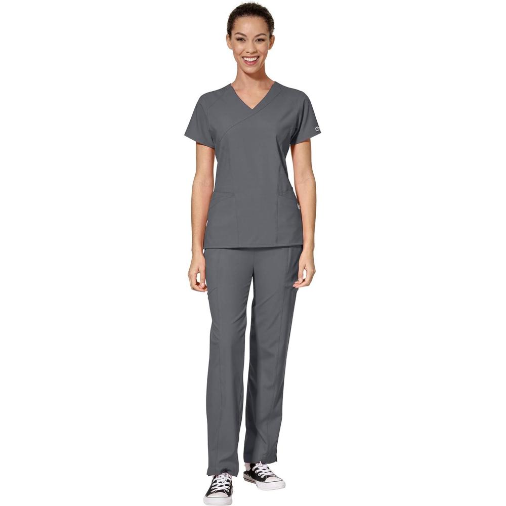 imageWonderWink W123 Womens Mock Wrap Top amp Flat Front Double Cargo Pant Scrub Set Badge ReelPewter