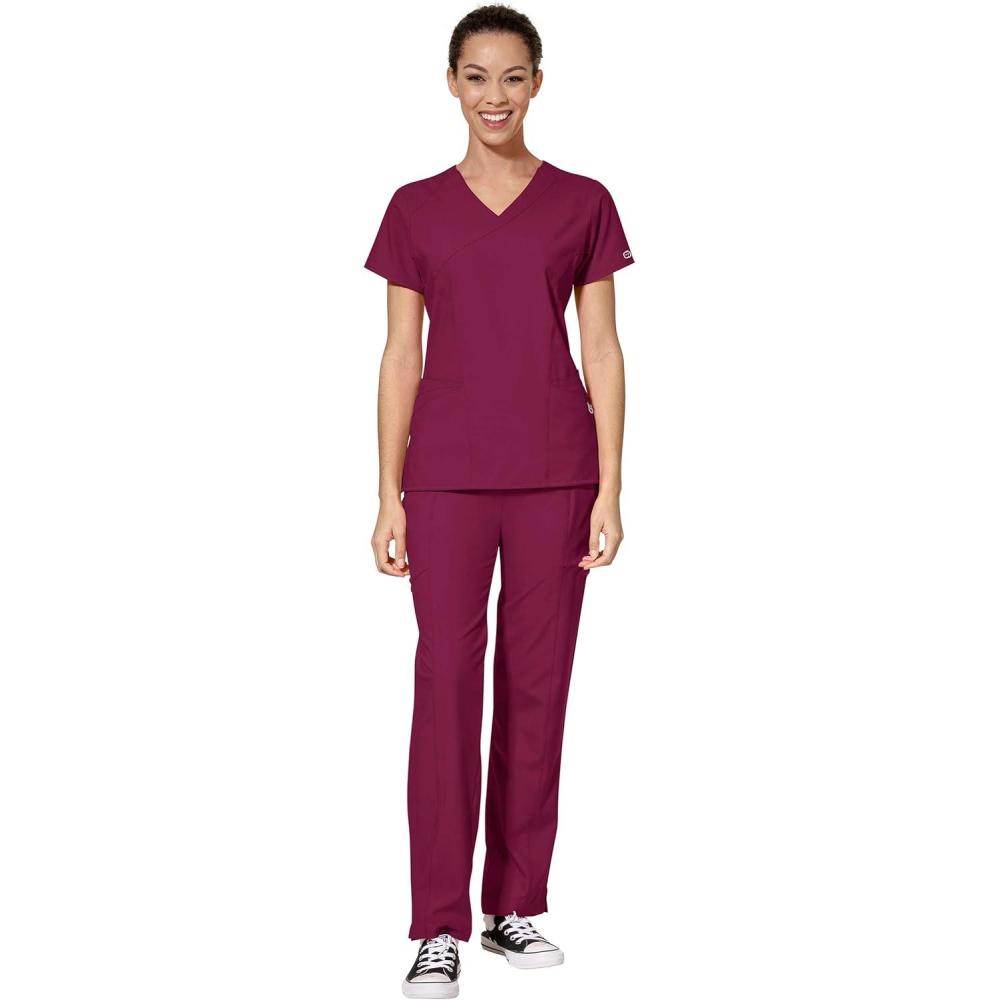 imageWonderWink W123 Womens Mock Wrap Top amp Flat Front Double Cargo Pant Scrub Set Badge ReelWine