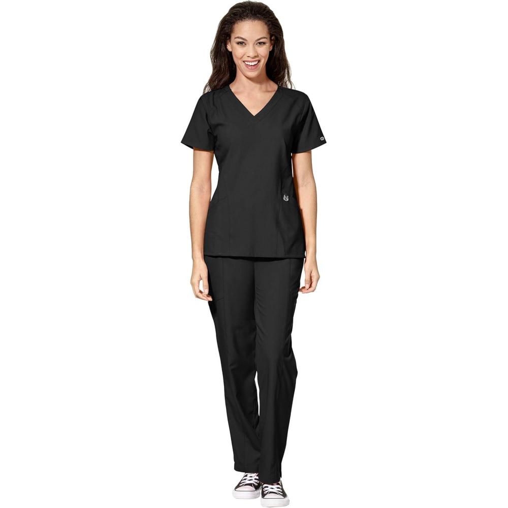 imageWonderWink W123 Womens Stylized Vneck Top amp Flat Front Double Cargo Pant Scrub Set Badge ReelBlack