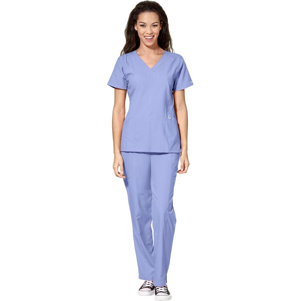 imageWonderWink W123 Womens Stylized Vneck Top amp Flat Front Double Cargo Pant Scrub Set Badge ReelCeil Blue