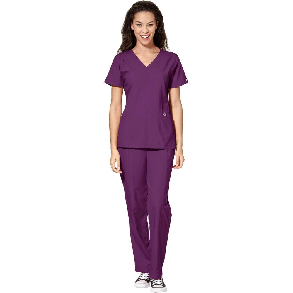 imageWonderWink W123 Womens Stylized Vneck Top amp Flat Front Double Cargo Pant Scrub Set Badge ReelEggplant