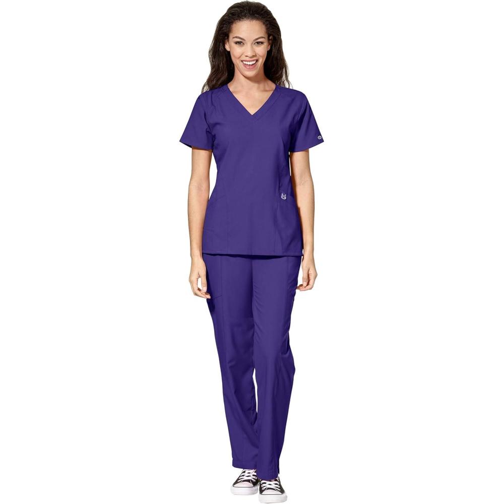 imageWonderWink W123 Womens Stylized Vneck Top amp Flat Front Double Cargo Pant Scrub Set Badge ReelGrape