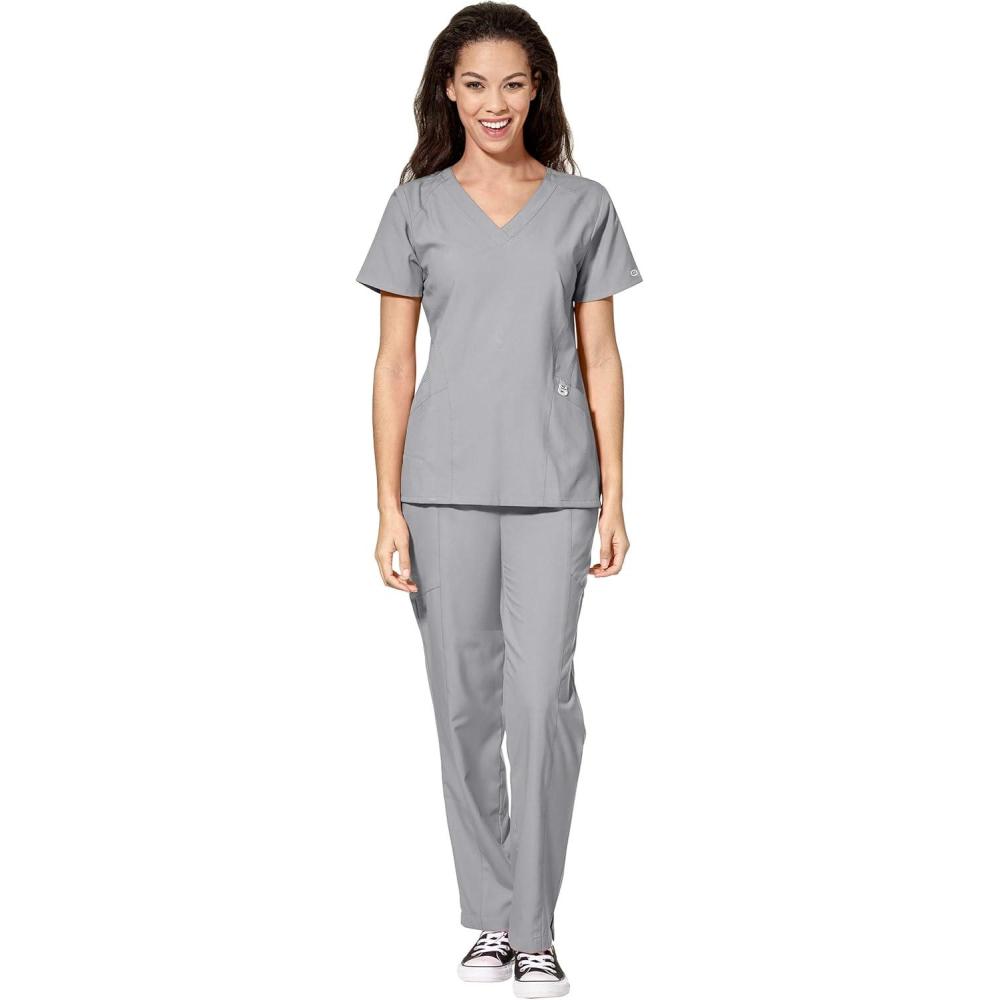 imageWonderWink W123 Womens Stylized Vneck Top amp Flat Front Double Cargo Pant Scrub Set Badge ReelGrey