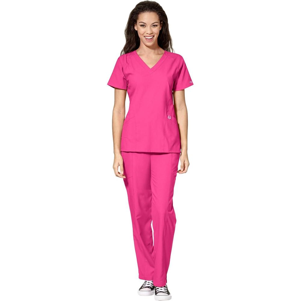 imageWonderWink W123 Womens Stylized Vneck Top amp Flat Front Double Cargo Pant Scrub Set Badge ReelHot Pink