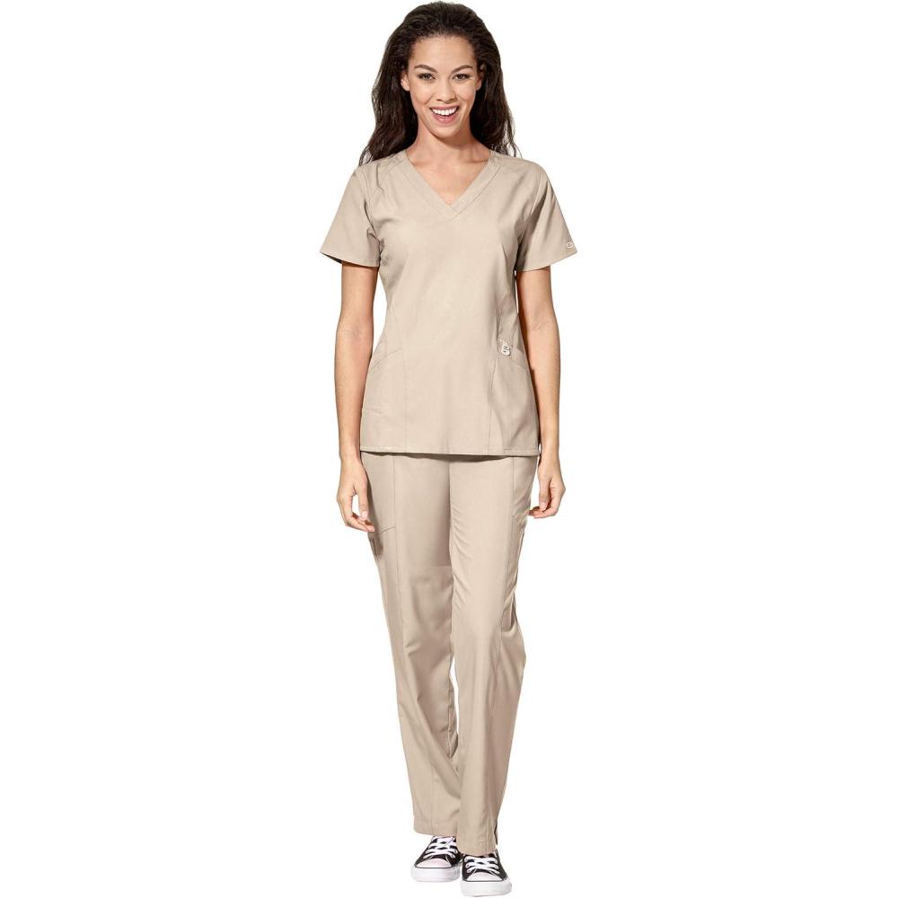 imageWonderWink W123 Womens Stylized Vneck Top amp Flat Front Double Cargo Pant Scrub Set Badge ReelKhaki