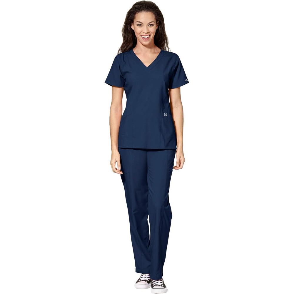 imageWonderWink W123 Womens Stylized Vneck Top amp Flat Front Double Cargo Pant Scrub Set Badge ReelNavy