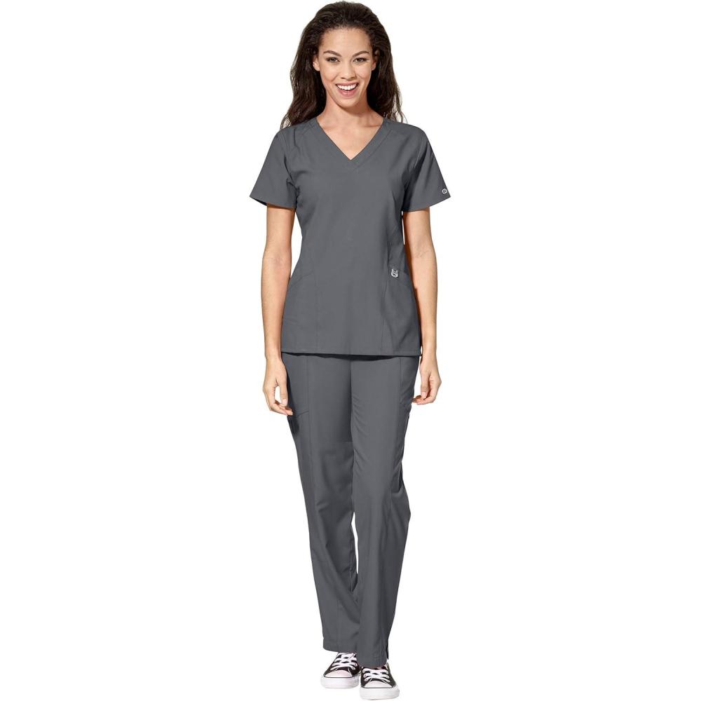 imageWonderWink W123 Womens Stylized Vneck Top amp Flat Front Double Cargo Pant Scrub Set Badge ReelPewter