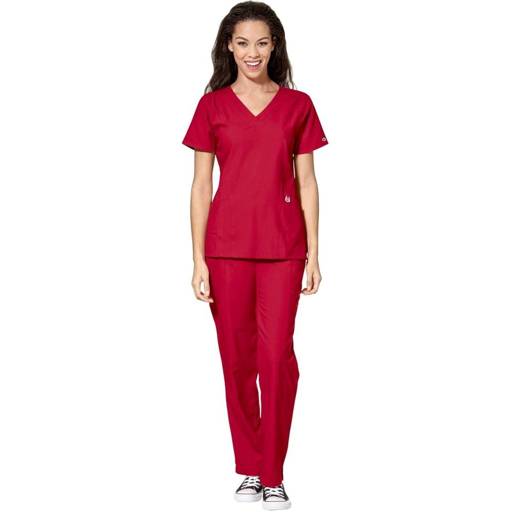 imageWonderWink W123 Womens Stylized Vneck Top amp Flat Front Double Cargo Pant Scrub Set Badge ReelRed
