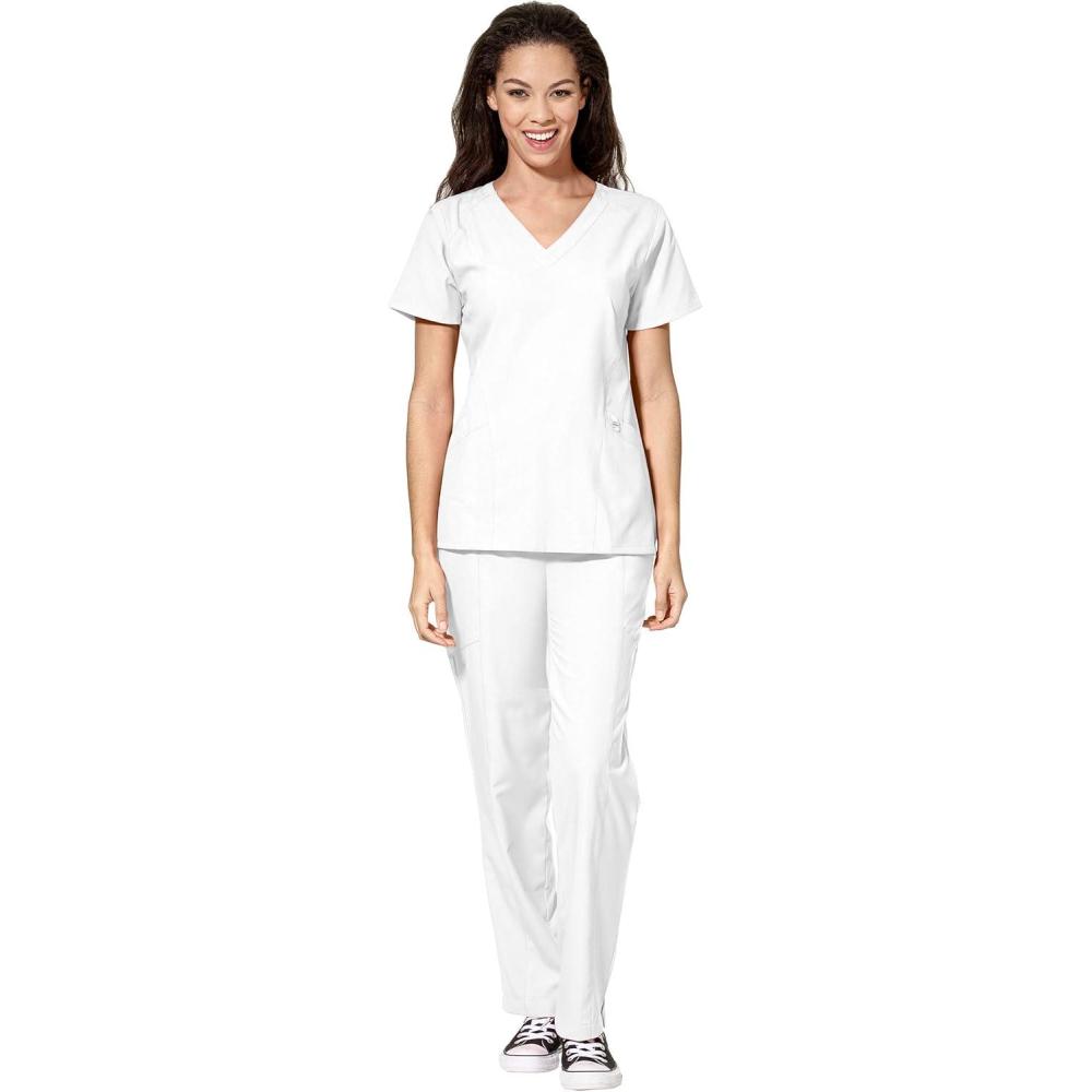 imageWonderWink W123 Womens Stylized Vneck Top amp Flat Front Double Cargo Pant Scrub Set Badge ReelWhite