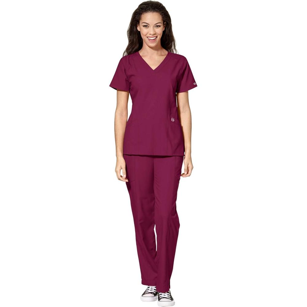 imageWonderWink W123 Womens Stylized Vneck Top amp Flat Front Double Cargo Pant Scrub Set Badge ReelWine
