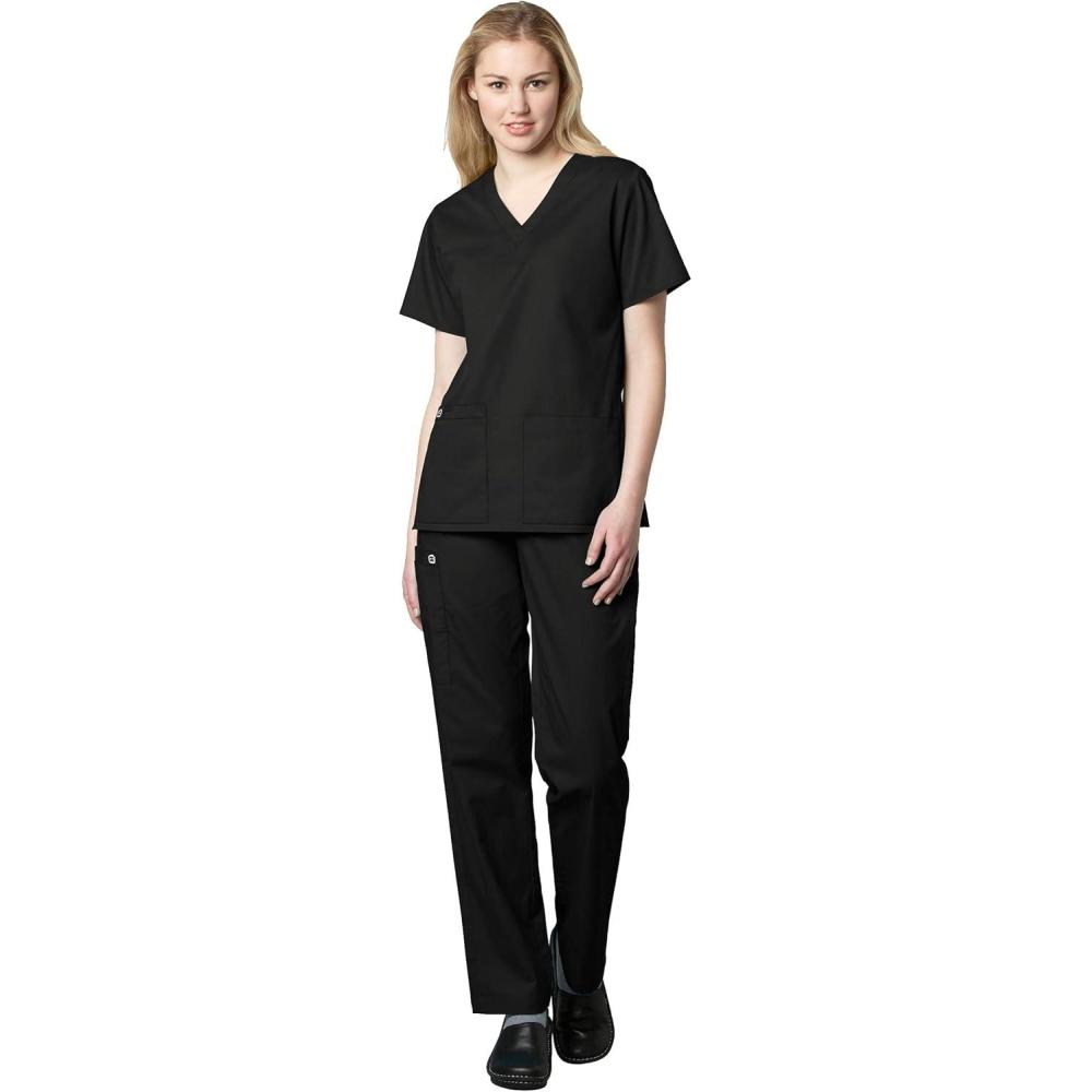 imageWonderWink WORK Womens Scrubs VNeck Chest Pocket Top amp Pull On Cargo Pant Set Badge ReelBlack
