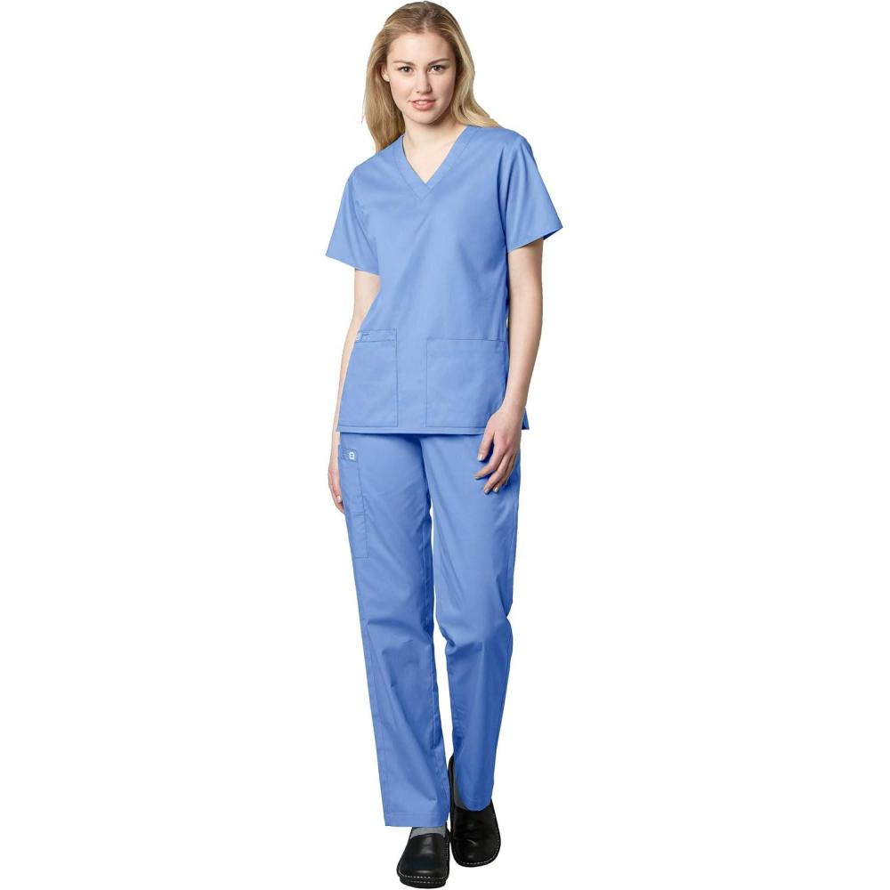 imageWonderWink WORK Womens Scrubs VNeck Chest Pocket Top amp Pull On Cargo Pant Set Badge ReelCeil Blue