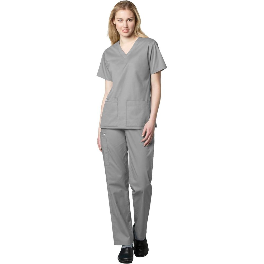imageWonderWink WORK Womens Scrubs VNeck Chest Pocket Top amp Pull On Cargo Pant Set Badge ReelGrey