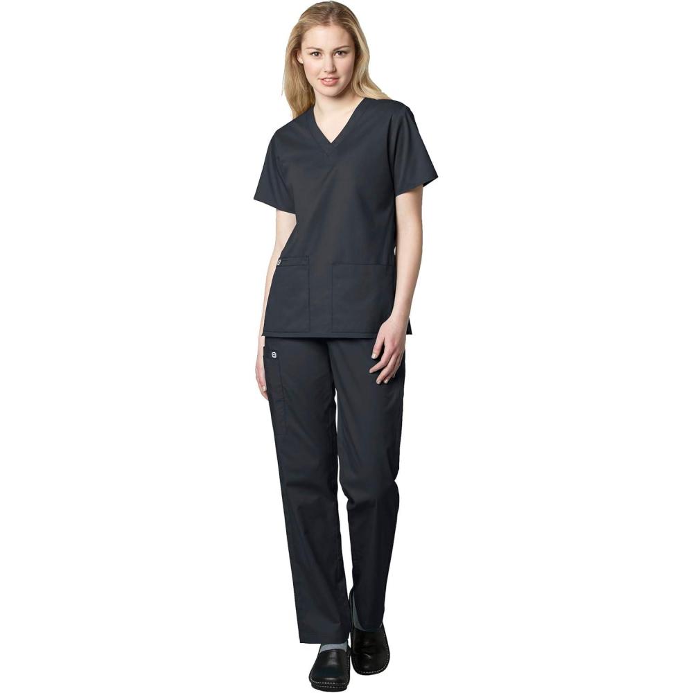 imageWonderWink WORK Womens Scrubs VNeck Chest Pocket Top amp Pull On Cargo Pant Set Badge ReelPewter