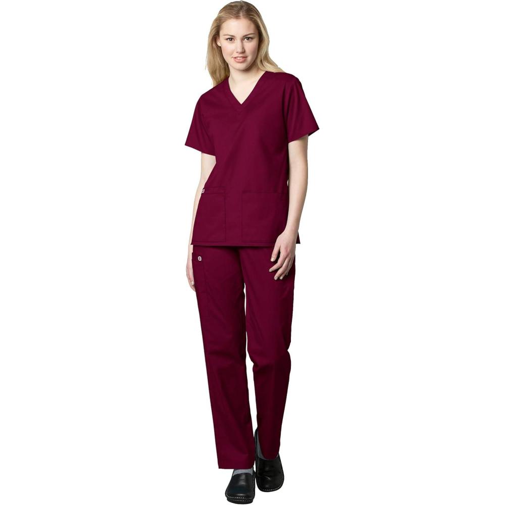 imageWonderWink WORK Womens Scrubs VNeck Chest Pocket Top amp Pull On Cargo Pant Set Badge ReelWine