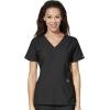 WonderWink W123 Women’s Stylized V-neck Top & Flat Front Double Cargo Pant Scrub Set + Badge Reel(Black)