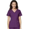 WonderWink W123 Women’s Stylized V-neck Top & Flat Front Double Cargo Pant Scrub Set + Badge Reel(Eggplant)