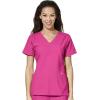 WonderWink W123 Women’s Stylized V-neck Top & Flat Front Double Cargo Pant Scrub Set + Badge Reel(Hot Pink)