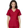 WonderWink W123 Women’s Stylized V-neck Top & Flat Front Double Cargo Pant Scrub Set + Badge Reel(Red)