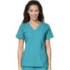 WonderWink W123 Women’s Stylized V-neck Top & Flat Front Double Cargo Pant Scrub Set + Badge Reel(Teal)