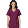 WonderWink W123 Women’s Stylized V-neck Top & Flat Front Double Cargo Pant Scrub Set + Badge Reel(Wine)