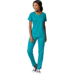 WonderWink PRO Women’s 4 Pocket Notch Neck Top & Knit Waist Cargo Pant Scrub Set + Badge Reel(Teal)