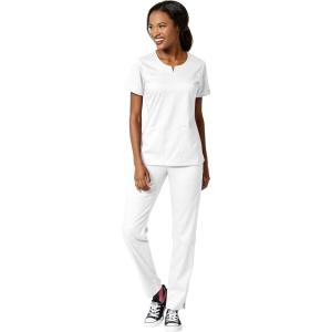 WonderWink PRO Women’s 4 Pocket Notch Neck Top & Knit Waist Cargo Pant Scrub Set + Badge Reel(White)