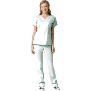 WonderWink Pro Women’s 4 Pocket V-Neck Top & Moderate Flare Leg Cargo Pant Scrub Set + Badge Reel(White)
