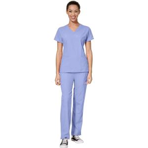 WonderWink W123 Women’s Mock Wrap Top & Flat Front Double Cargo Pant Scrub Set + Badge Reel(Ceil Blue)
